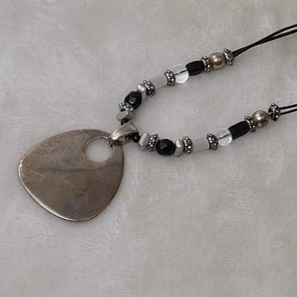 Beaded Black Pendant Statement Necklace  Adjustable Chain Silver-Tone Accents - Picture 6 of 11